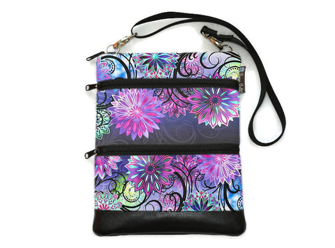 SMALL SIZE Travel Bags Crossbody Purse - A1 Cross Body - Faux Leather - Tablet Purse - Purple Medallions Fabric