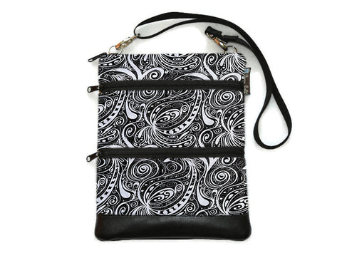 MEDIUM Travel Bags Crossbody Purse - A1 Cross Body - Faux Leather - Tablet Purse - Swirled Black and White Fabric