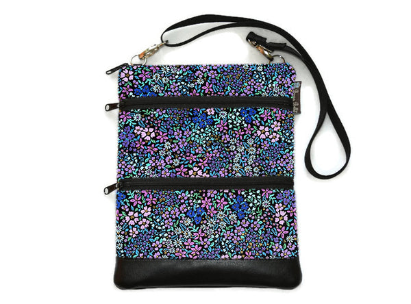 MEDIUM Travel Bags Crossbody Purse - A1 Cross Body - Faux Leather - Tablet Purse - Tiny Purple and Blue Floral with small gold flecks Fabric