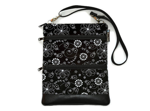 MEDIUM Travel Bags Crossbody Purse - A1 Cross Body - Faux Leather - Tablet Purse - Black and White Fabric