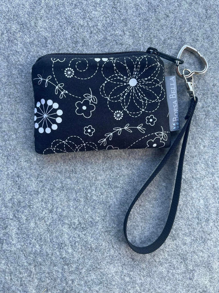 Pixy Roo Card or Coin Holder Catch All Zippered Pouch A1 - Black and White Daisy Fabric