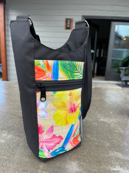 Water Bottle Crossbody Bag - Day Drinker - Hawiian Tropical Flower Fabric Pocket