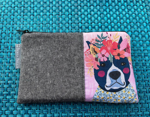 Limited Edition Catch All Zippered Pouch - Black and White Dog Pink Background