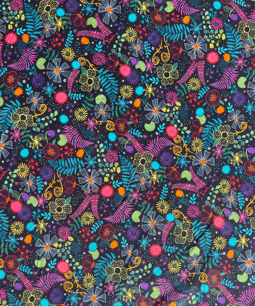 Pixy Roo Card or Coin Holder Catch All Zippered Pouch A1 - Bright Floral Black Background Fabric