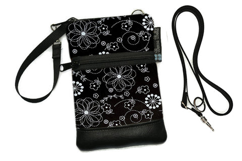 Short Zip Phone Bag - Wristlet Converts to Cross Body Purse - Black and White