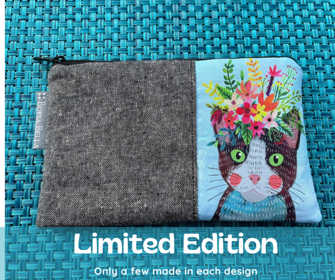 Limited Edition Catch All Zippered Pouch - Black and White Cat Blue Background