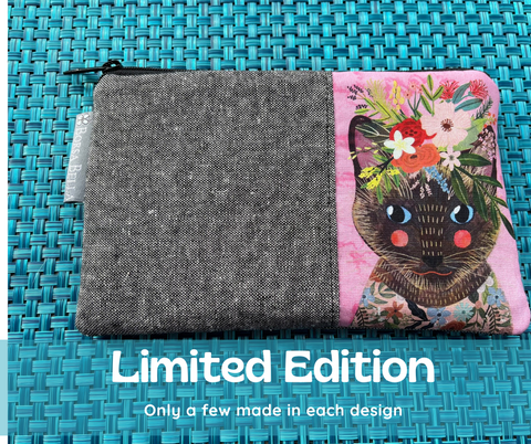 Limited Edition Catch All Zippered Pouch - Brown Cat with Pink Background