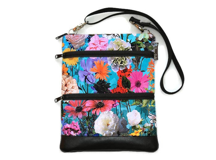 Travel Bags Crossbody Purse - Cross Body - Faux Leather - Tablet Purse - Cottage Garden Fabric