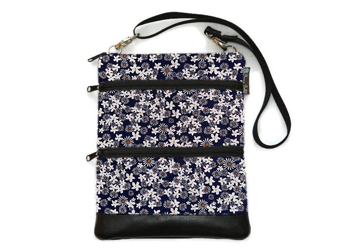 Travel Bags Crossbody Purse - Cross Body - Faux Leather - Tablet Purse - Navy Daisy Chain Fabric