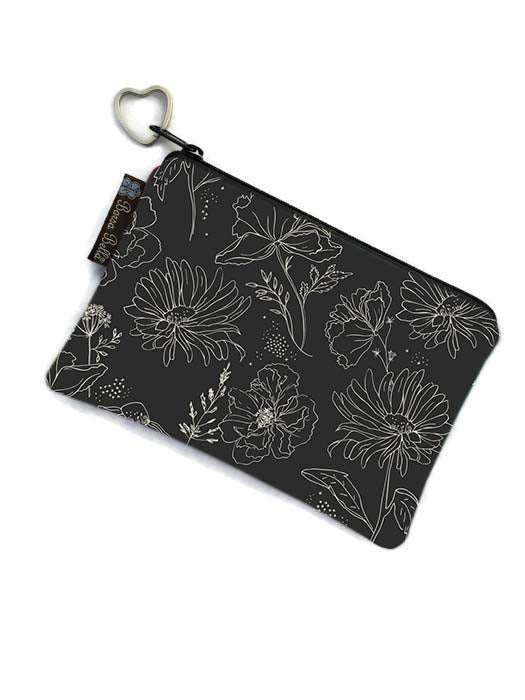 Catch All Zippered Pouch - Black and White Floral Fabric