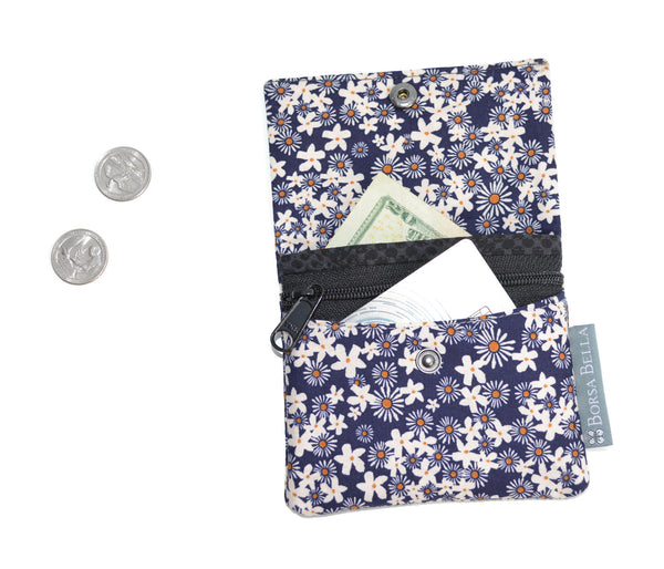 Small Slim Wallet - Light Weight - Added RFID Fabric - Navy Daisy Fabric
