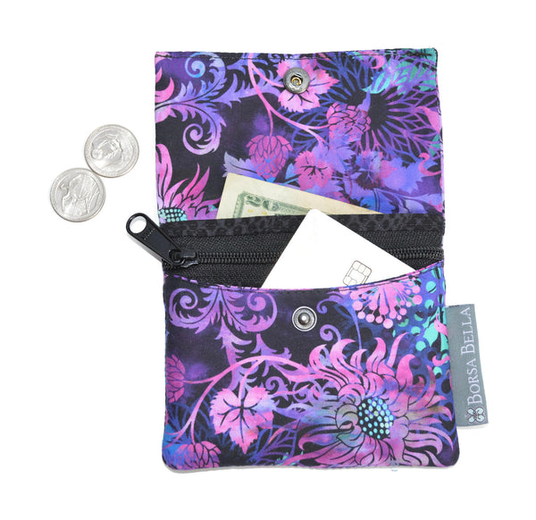 Small Slim Wallet - Light Weight - Added RFID Fabric - Purple Floragraphics Fabric