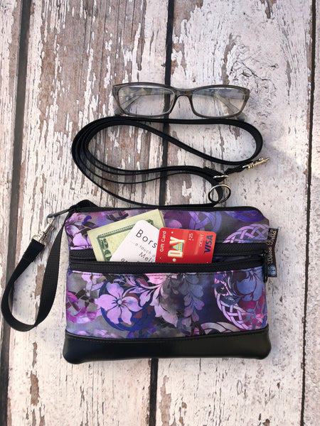 Deluxe Long Zip Phone Bag - Converts to Cross Body Purse - Black Wild Bush Flowers Fabric