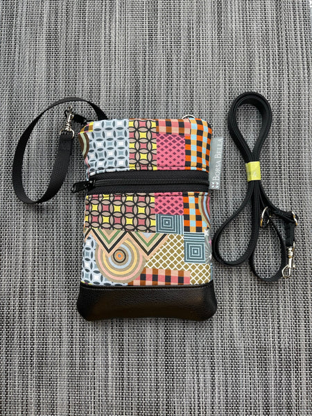 Short Zip Phone Bag - Wristlet Converts to Cross Body Purse - Geometric Fabric