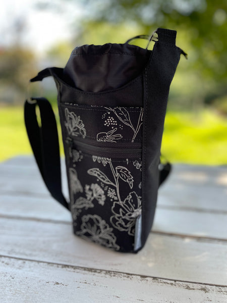 Water Bottle Crossbody Bag - Day Drinker - Black and White Floral Pocket