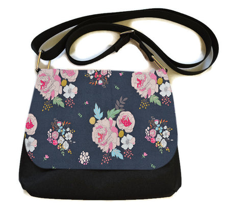Itsy Bitsy/Bigger Bitsy Messenger Purse - Slate Gray Floral Patches Fabric