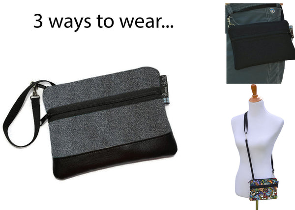 Deluxe Long Zip Phone Bag - Converts to Cross Body Purse - Black Wild Bush Flowers Fabric
