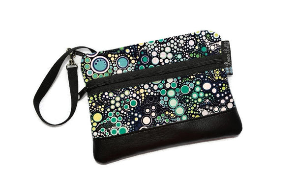 Deluxe Long Zip Phone Bag - Faux Leather Accent - Cross Body Option -  Ocean Blues Dot Fabric