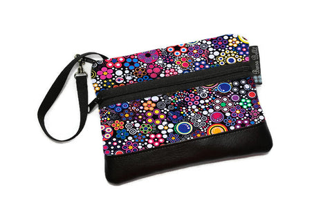 Deluxe Long Zip Phone Bag - Faux Leather Accent - Cross Body Option -  Glorious Dots Fabric
