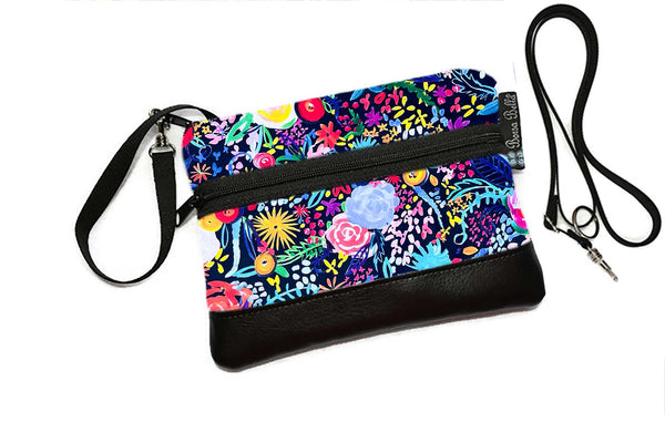Deluxe Long Zip Phone Bag - Converts to Cross Body Purse - Painted Petals Fabric