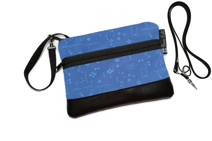 Deluxe Long Zip Phone Bag - Converts to Cross Body Purse - Bright Blue Crosshatch Fabric