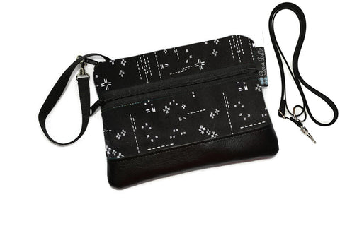 Deluxe Long Zip Phone Bag - Converts to Cross Body Purse - Crosshatch Black Fabric