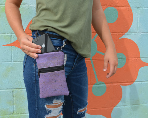 Short Zip Phone Bag - Wristlet Converts to Cross Body Purse - Purple Cork Fabric