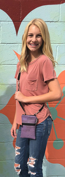 Short Zip Phone Bag - Wristlet Converts to Cross Body Purse - Blue Violet Fabric