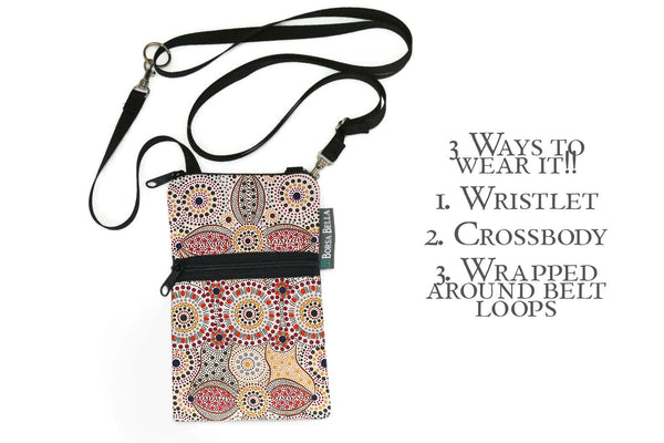 Short Zip Phone Bag - Wristlet Converts to Cross Body Purse - Ecru Landscape Fabric
