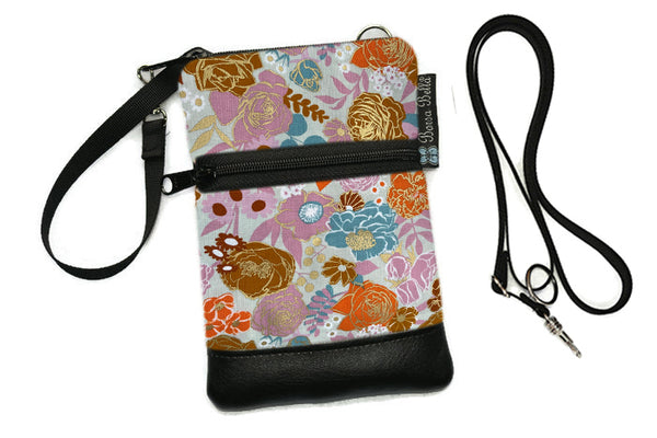 Short Zip Phone Bag - Wristlet Converts to Cross Body Purse - Darling Gold Roses Fabric