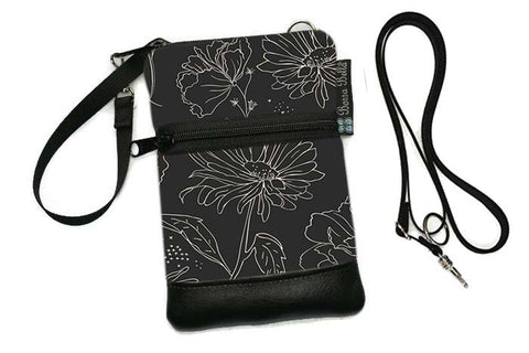 Short Zip Phone Bag - Wristlet Converts to Cross Body Purse - Black and White Floral Fabric