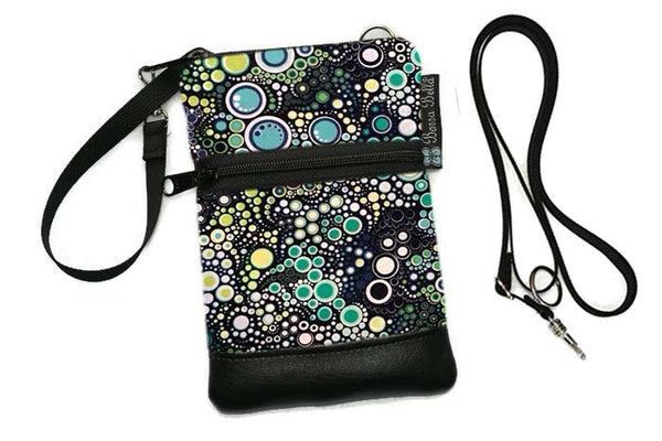 Short Zip Phone Bag - Wristlet Converts to Cross Body Purse - Ocean Blue Fabric