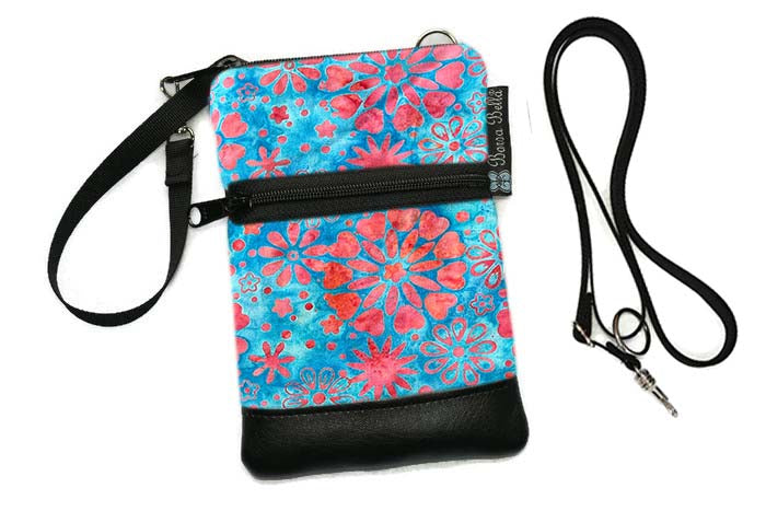 Short Zip Phone Bag - Wristlet Converts to Cross Body Purse - Blue Sky Batik Fabric