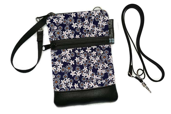 Short Zip Phone Bag - Wristlet Converts to Cross Body Purse - Navy Daisy Chain Fabric