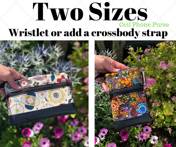 Short Zip Phone Bag - Wristlet Converts to Cross Body Purse - Black Wild Bush Flowers Fabric